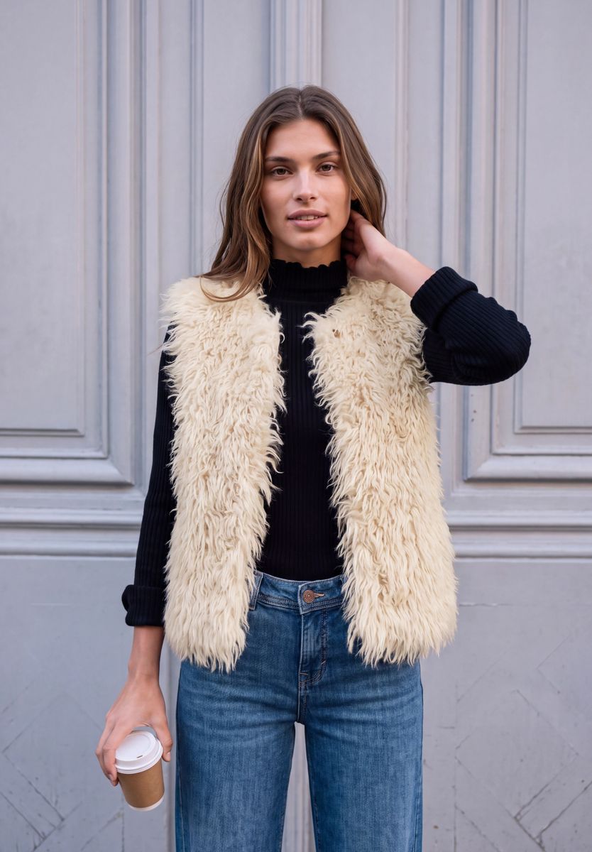 Fake Fur Weste mit Knopfleiste