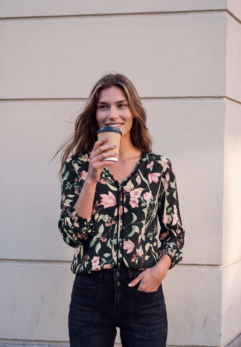 Langarm Tunika mit V-Neck und Print