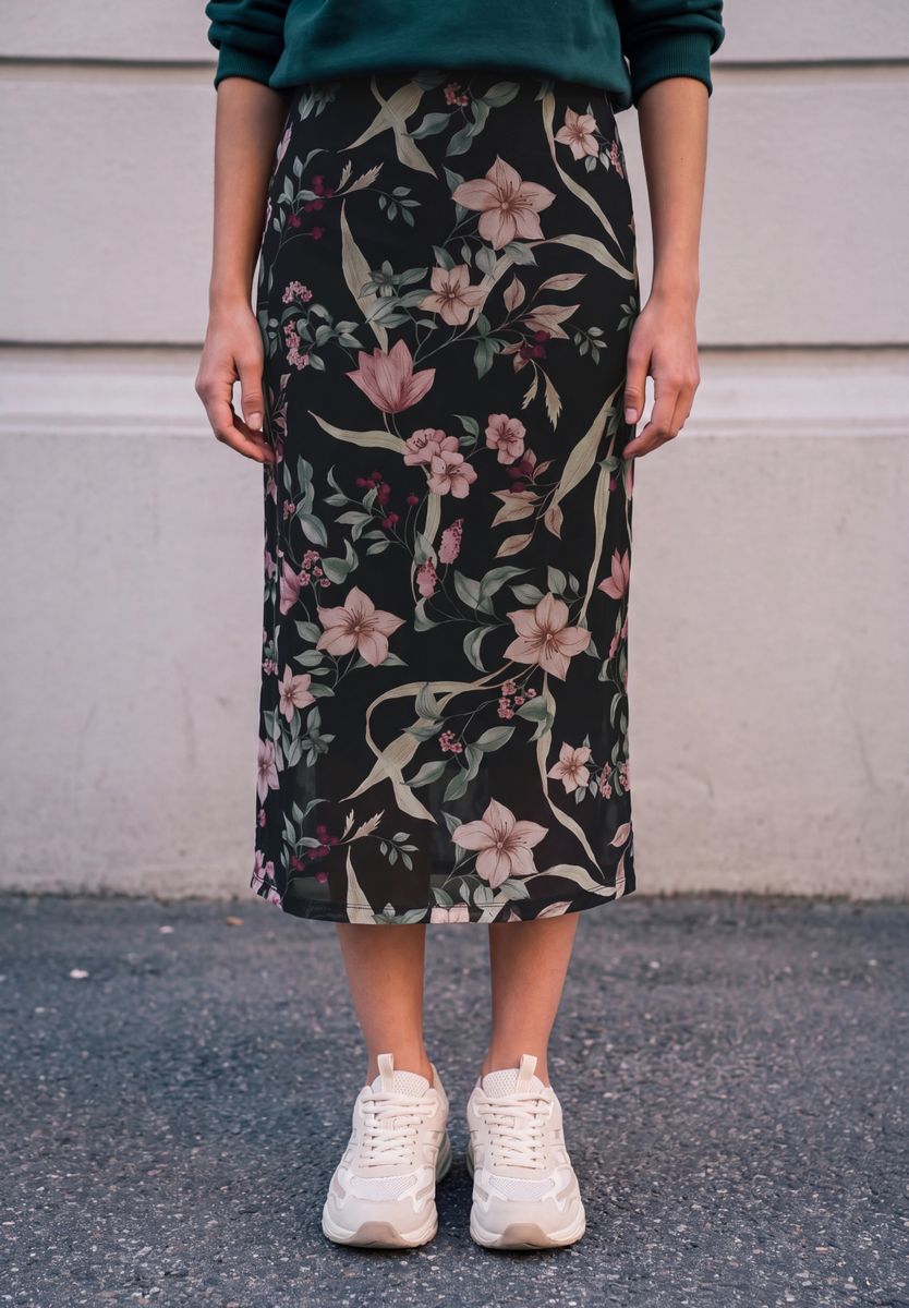 Midirock aus Mesh mit floralem Muster