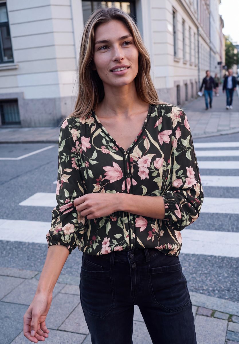 Langarm Tunika mit V-Neck und Print