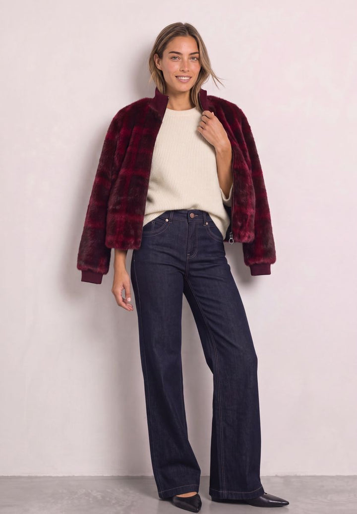 Fake Fur Blouson mit Strickdetails und Print