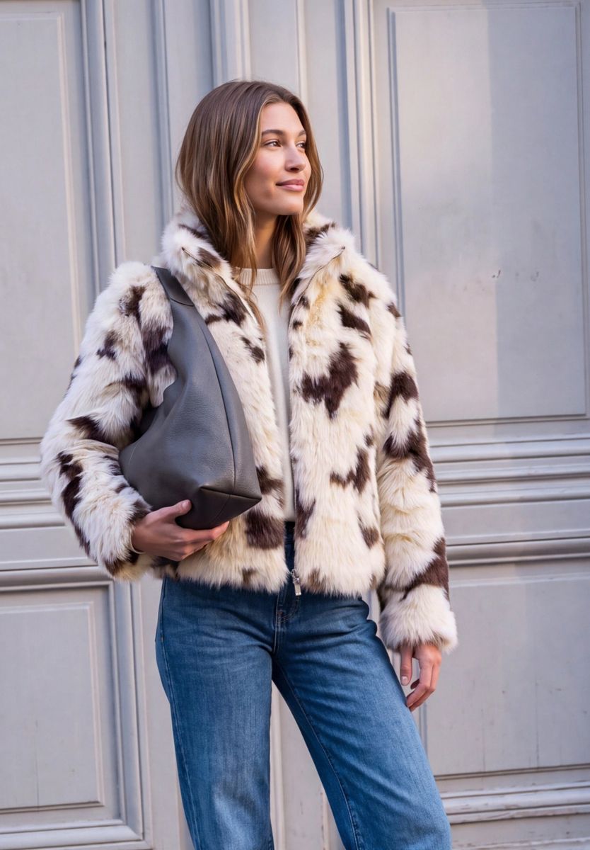 Fake Fur jacke mit Kuh-Muster