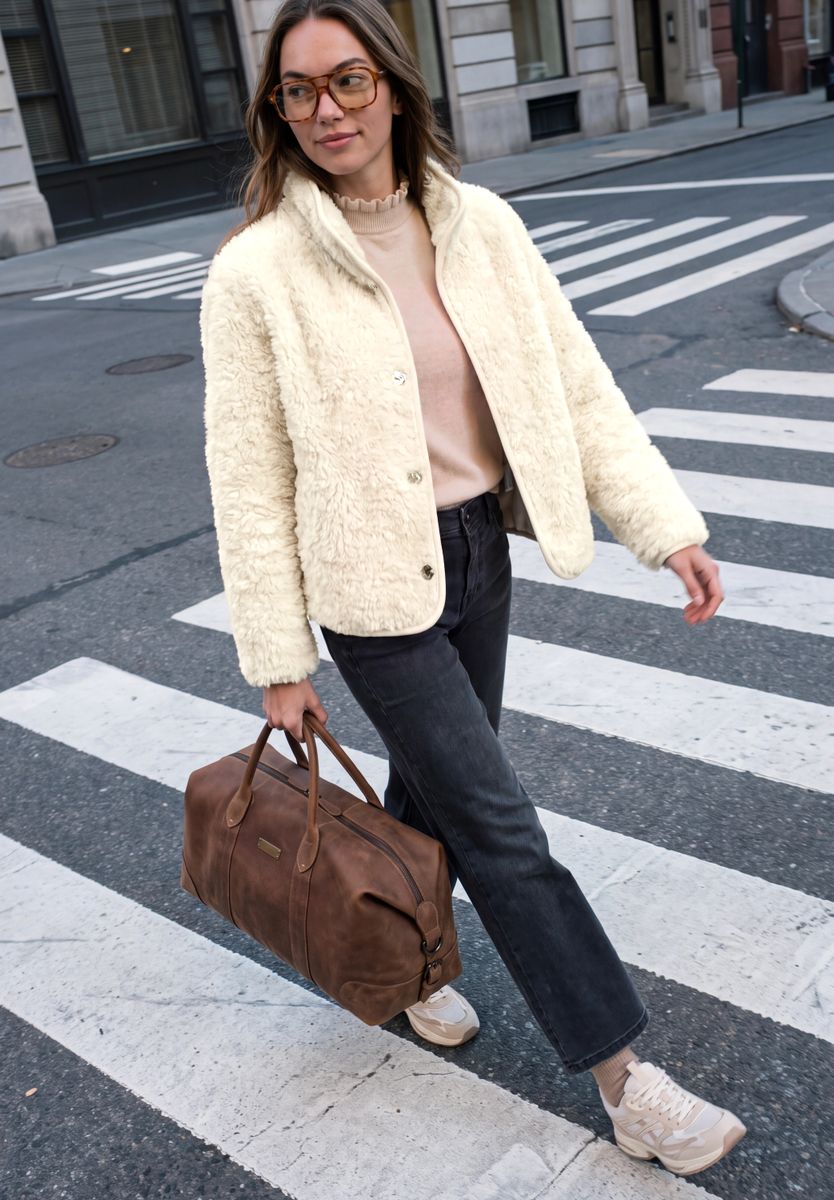 Fake Fur Jacke mit Stehkragen und Knöpfen