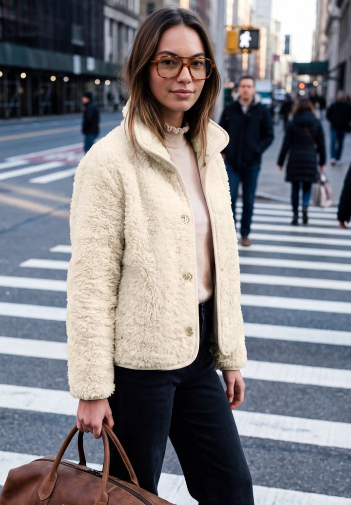 Fake Fur Jacke mit Stehkragen und Knöpfen