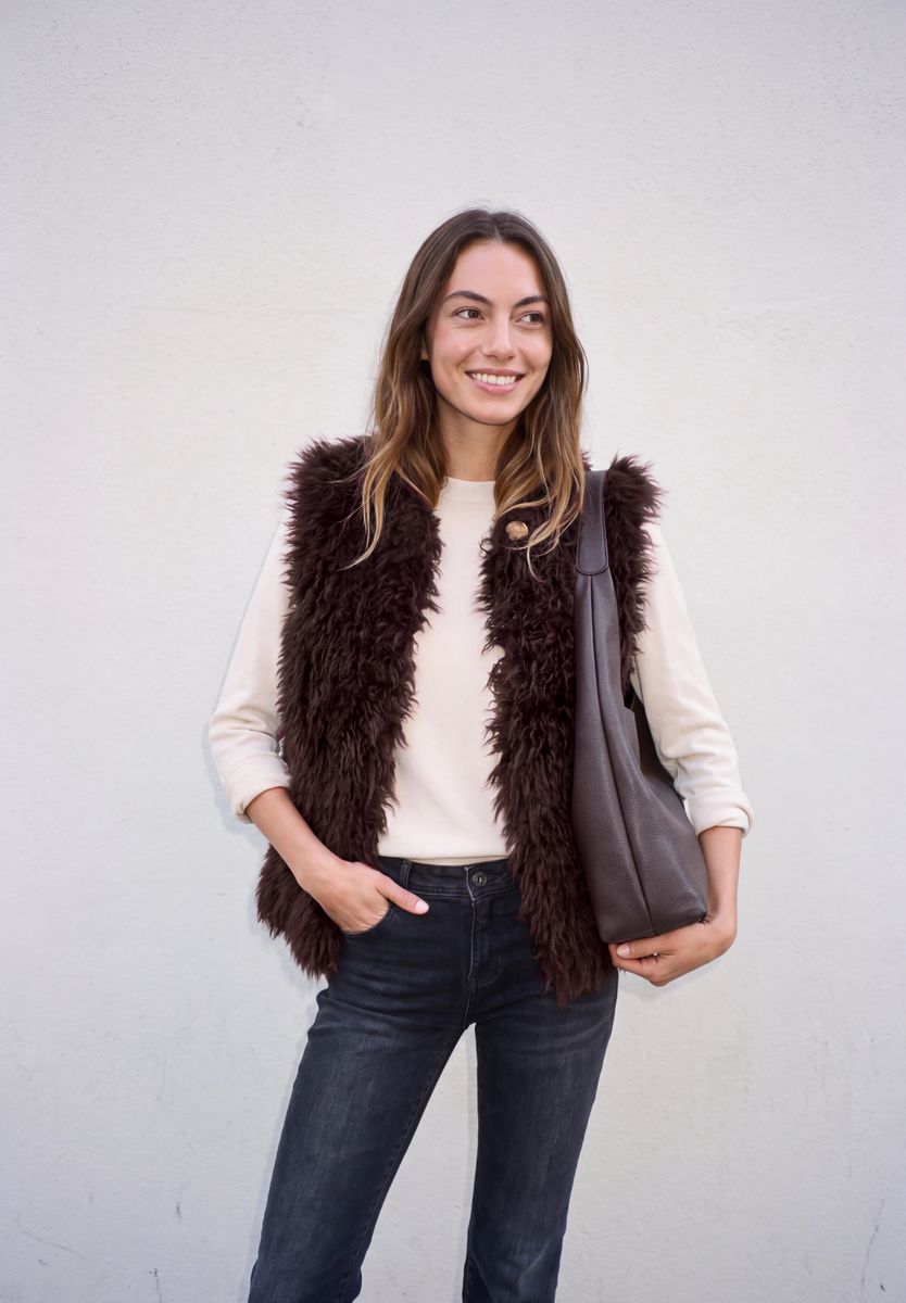 Fake Fur Weste mit Knopfleiste