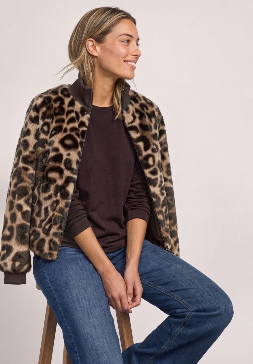 Fake Fur Blouson mit Strickdetails und Print