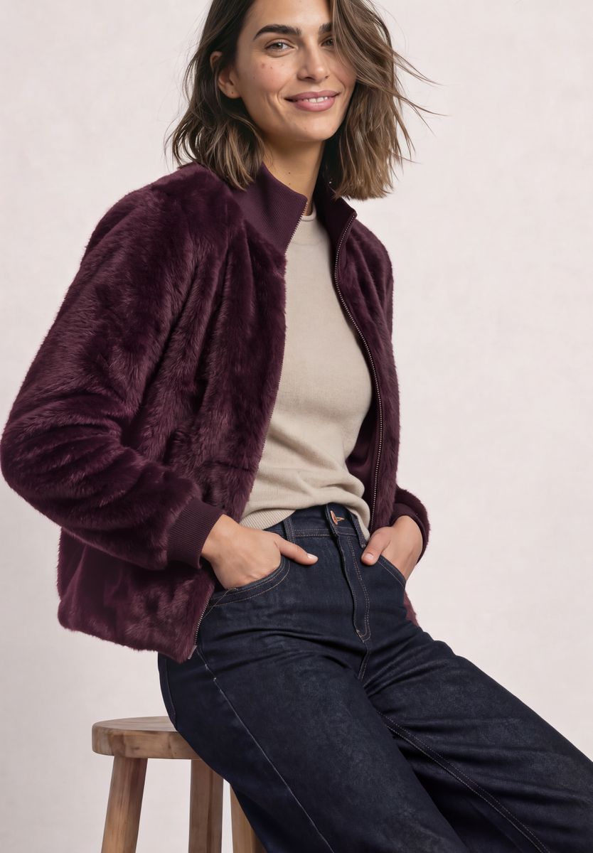 Fake Fur Blouson mit Strickdetails und Print