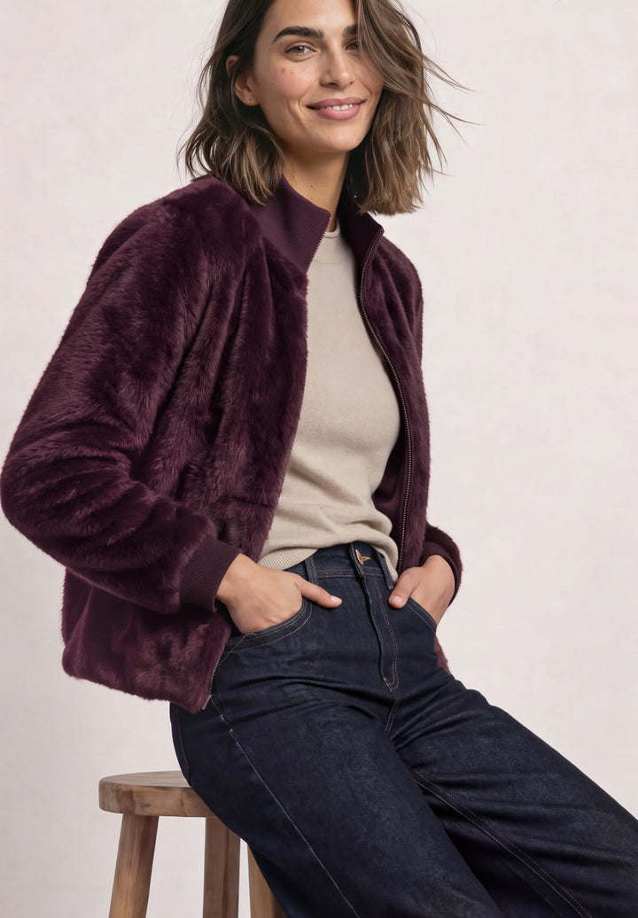 Fake Fur Blouson mit Strickdetails und Print