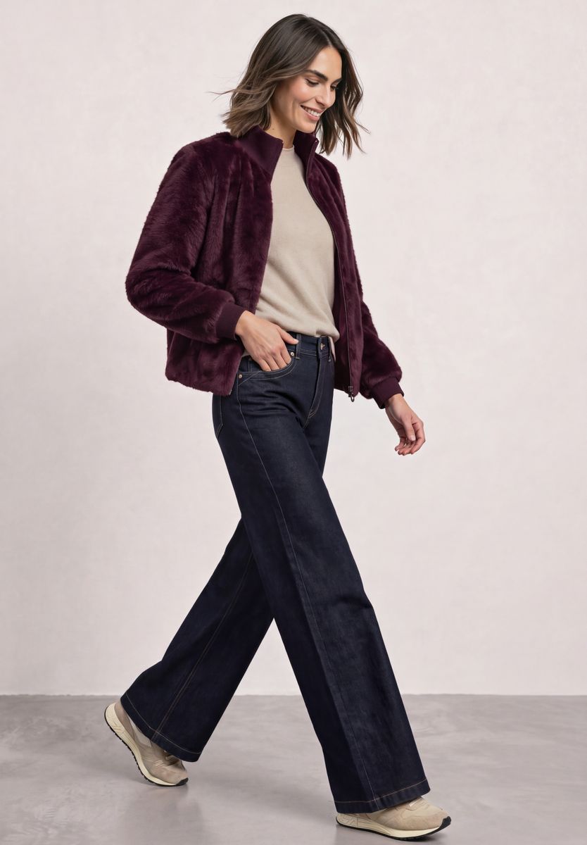 Fake Fur Blouson mit Strickdetails und Print