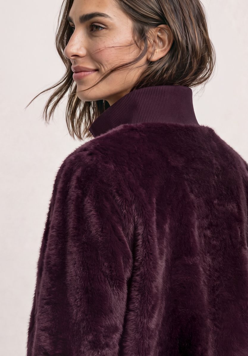 Fake Fur Blouson mit Strickdetails und Print