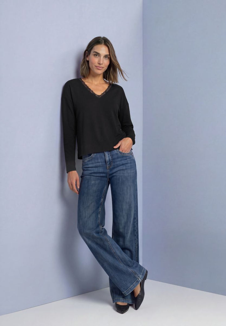 Langarm Shirt mit V-Neck und Spitzendetail