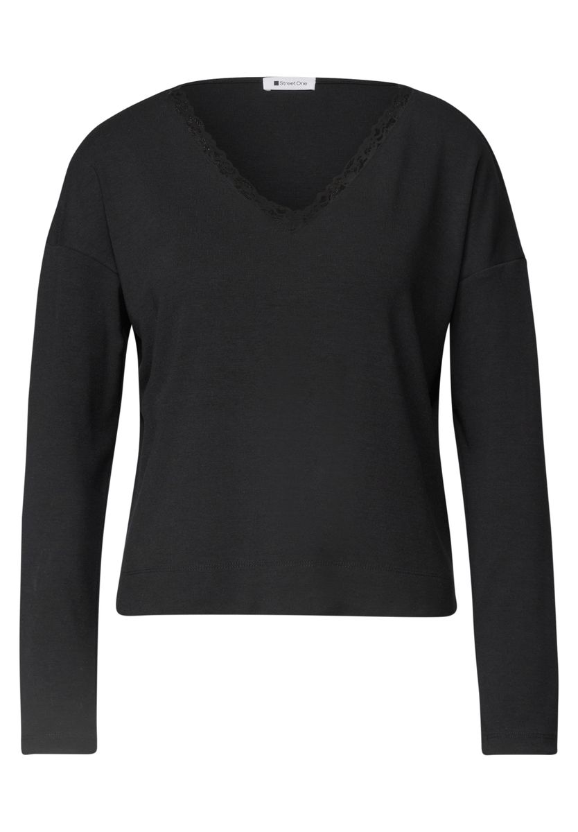 Langarm Shirt mit V-Neck und Spitzendetail
