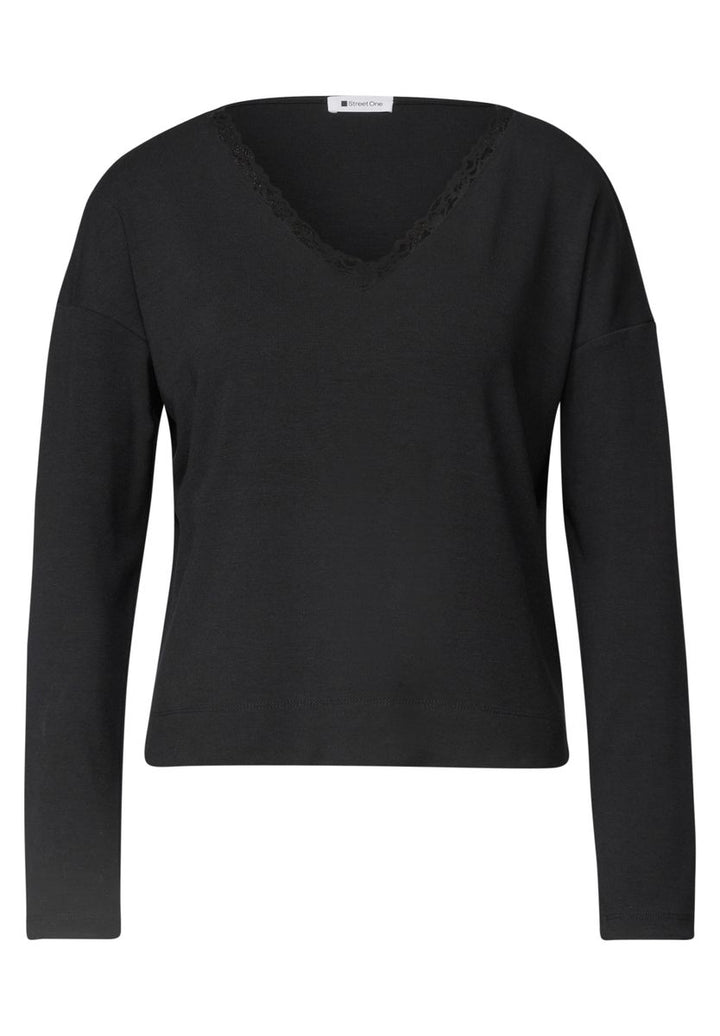 Langarm Shirt mit V-Neck und Spitzendetail