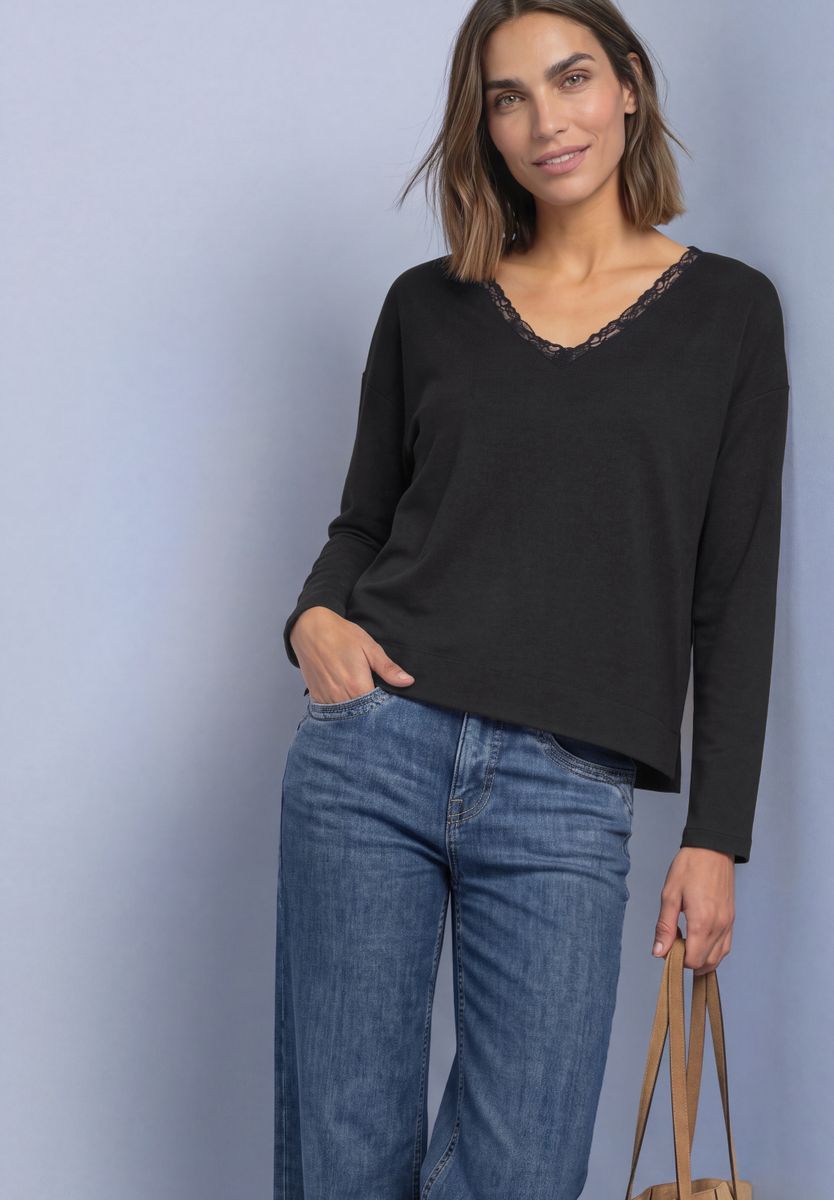 Langarm Shirt mit V-Neck und Spitzendetail