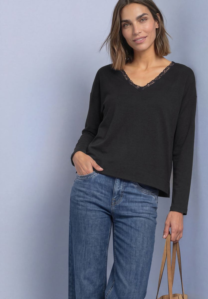 Langarm Shirt mit V-Neck und Spitzendetail