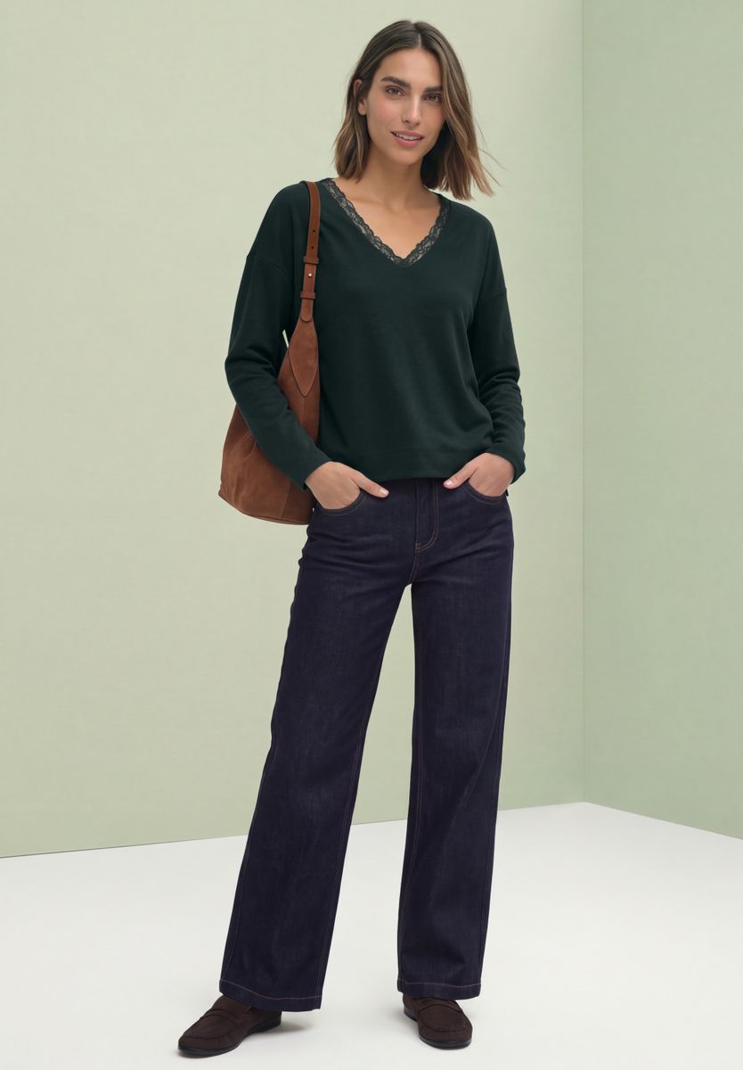 Langarm Shirt mit V-Neck und Spitzendetail
