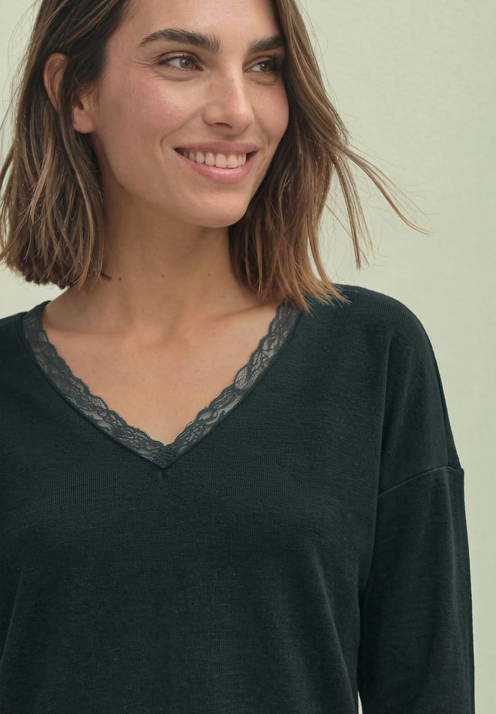 Langarm Shirt mit V-Neck und Spitzendetail