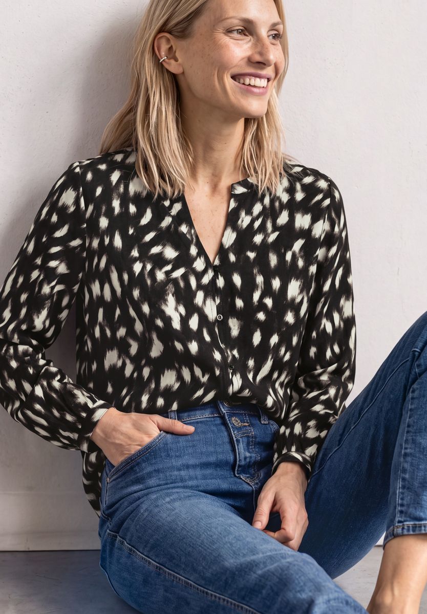 Langarm Tunika mit Split Neck und Reh-Print