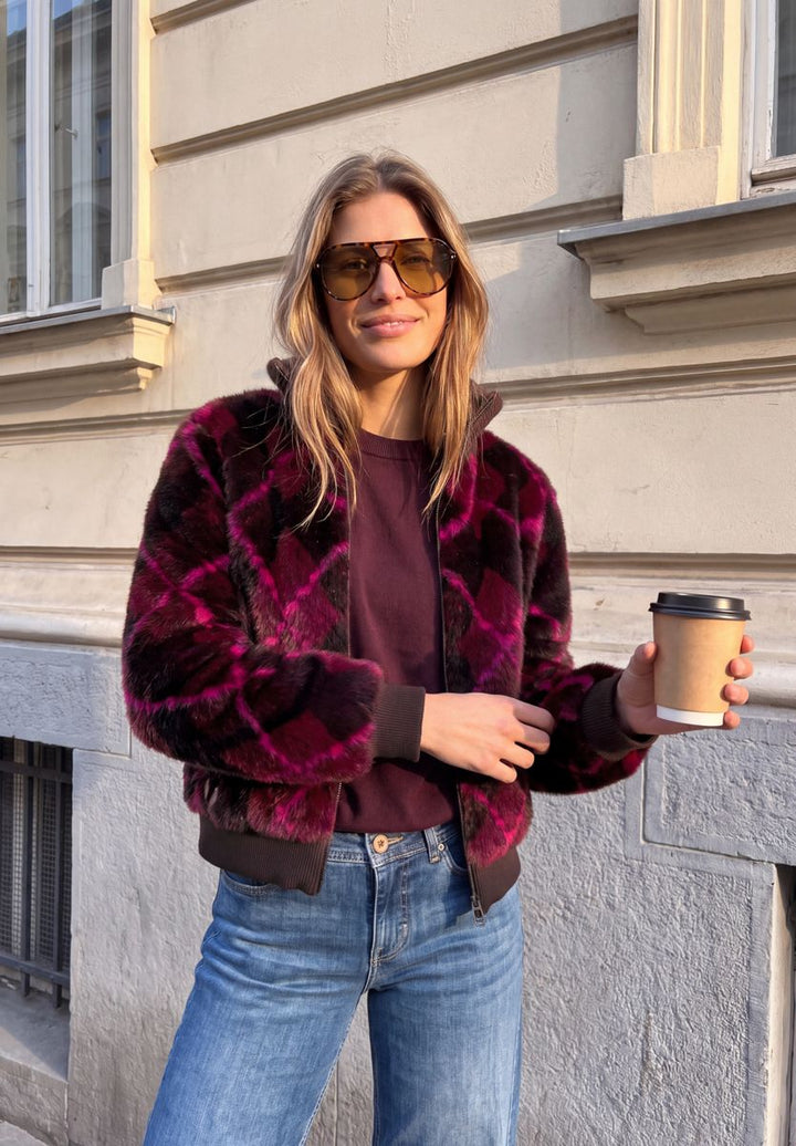 Fake Fur Blouson mit Karomuster