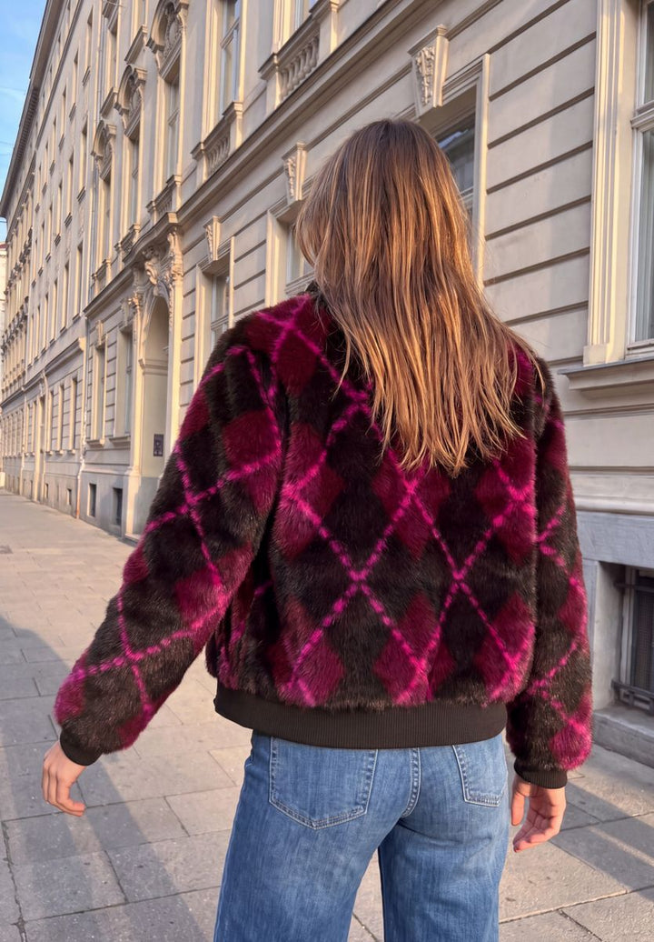 Fake Fur Blouson mit Karomuster