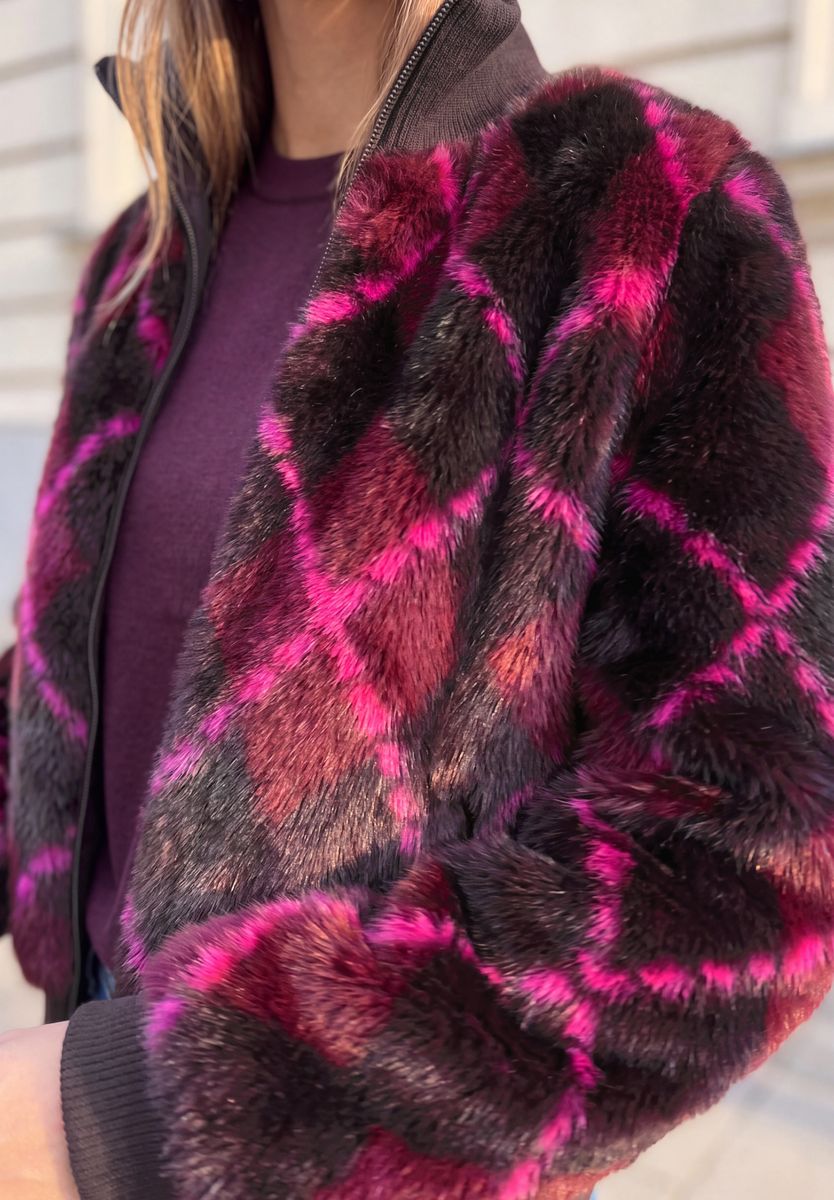 Fake Fur Blouson mit Karomuster