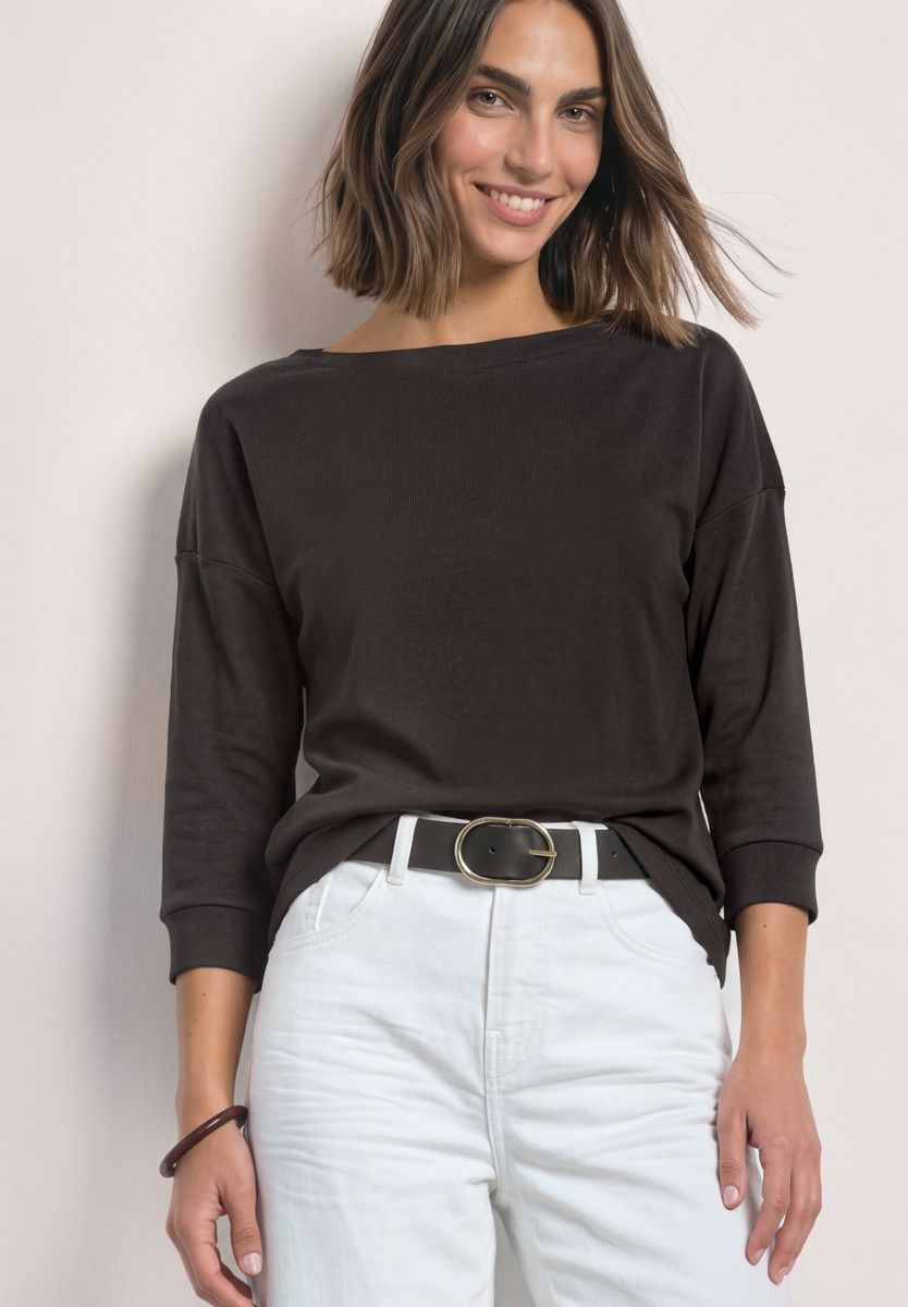 3/4-Arm Shirt mit Rippstrukturdetails