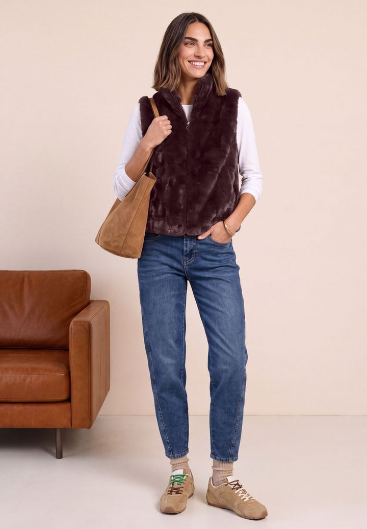Fake Fur Weste mit Stehkragen und Zipper