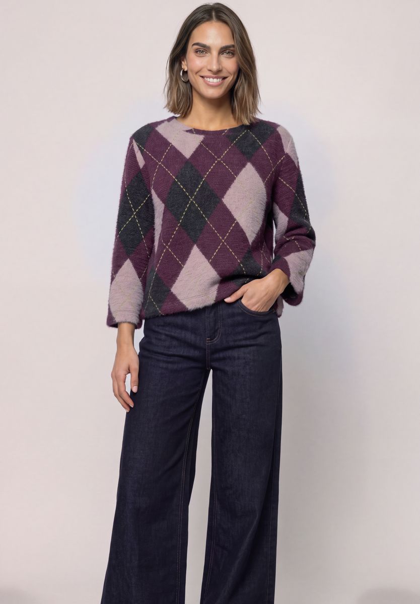 3/4-Arm Shirt mit Rundhals und Argylemuster