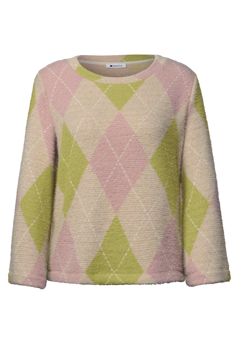 3/4-Arm Shirt mit Rundhals und Argylemuster
