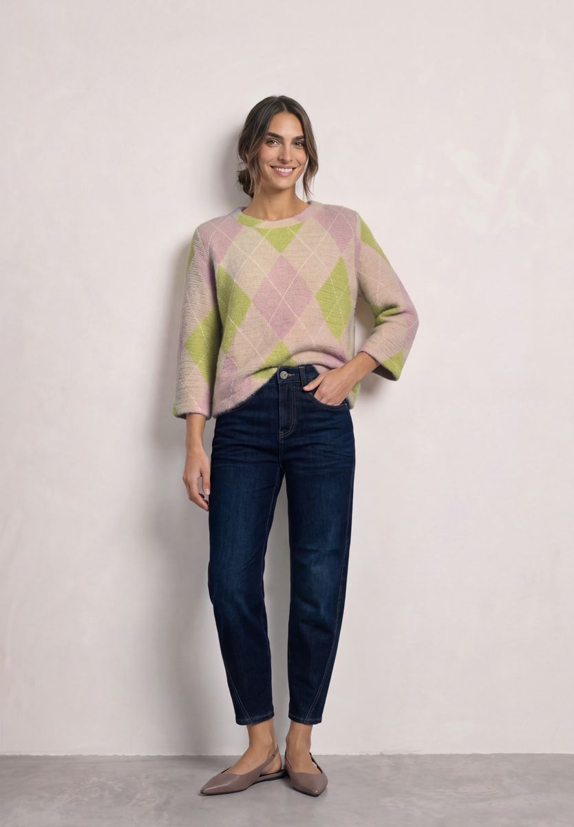 3/4-Arm Shirt mit Rundhals und Argylemuster