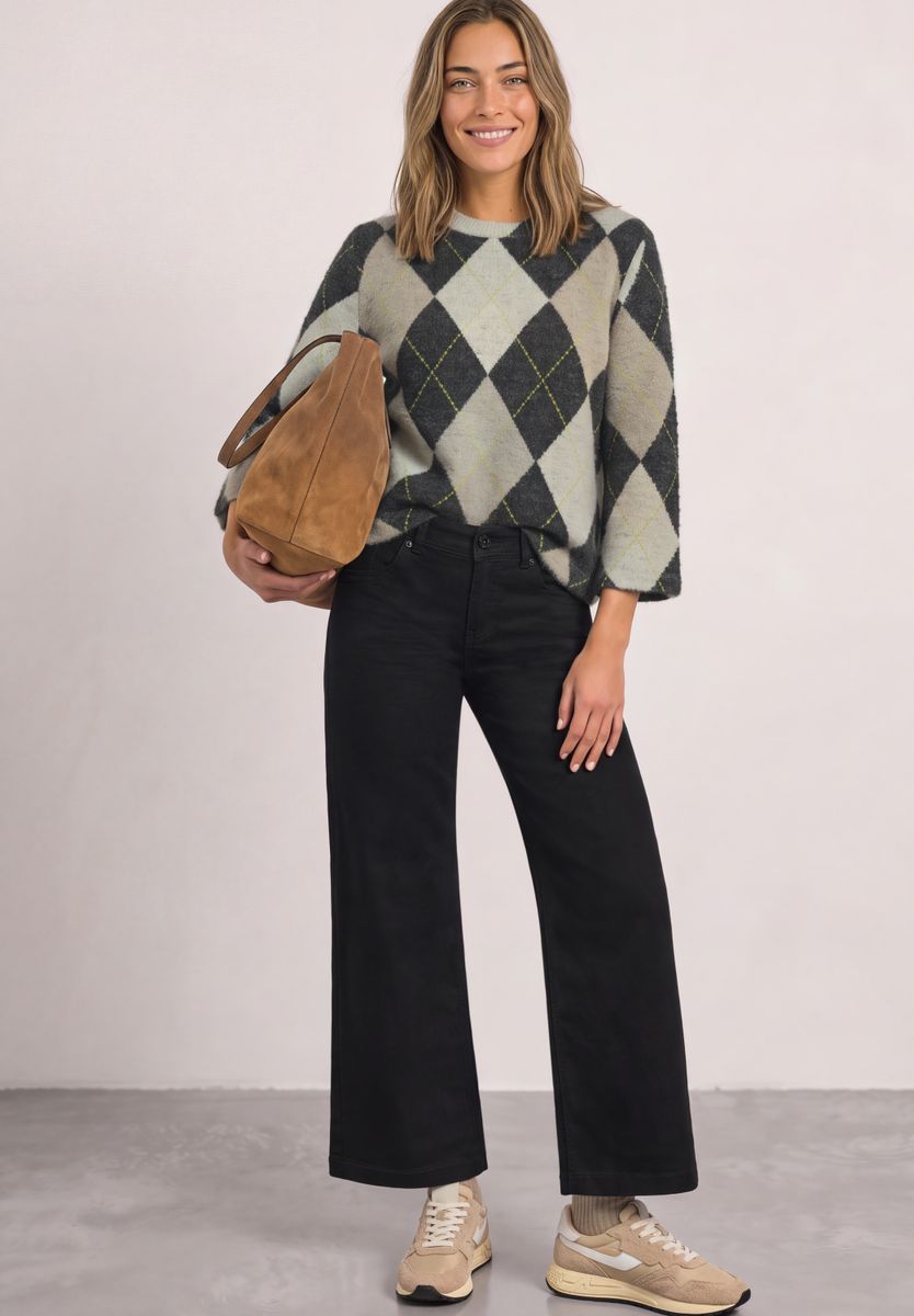 3/4-Arm Shirt mit Rundhals und Argylemuster