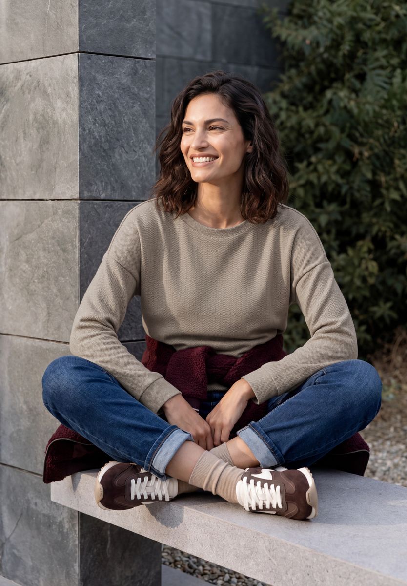 Langarm Shirt mit Herringbone-Muster