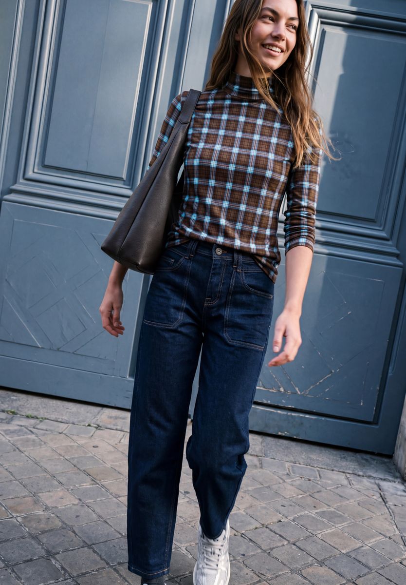 Langarm Shirt mit Turtle Neck und Karomuster