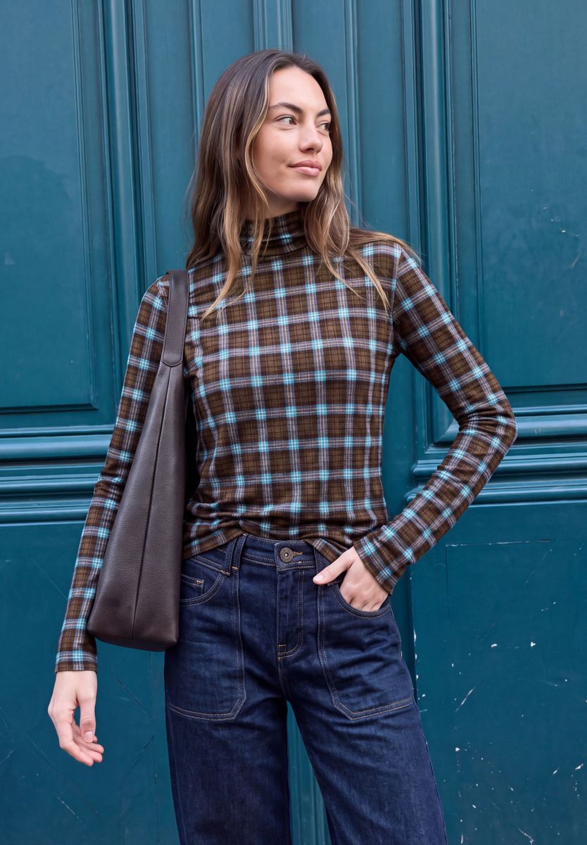 Langarm Shirt mit Turtle Neck und Karomuster