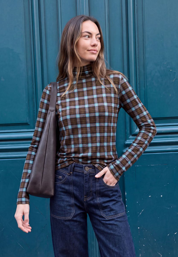 Langarm Shirt mit Turtle Neck und Karomuster
