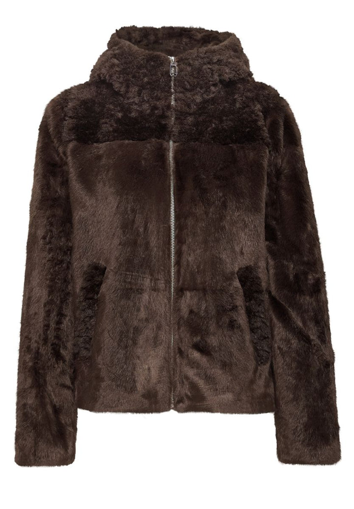Kurze Fake-Fur-Mix Jacke mit Kapuze