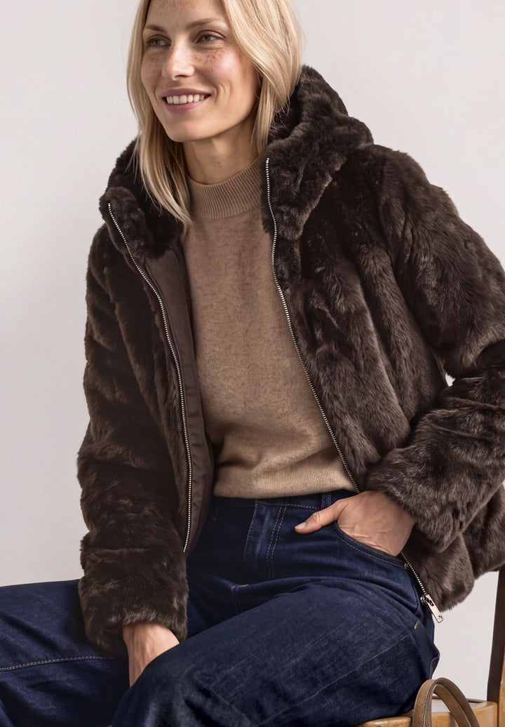 Kurze Fake-Fur-Mix Jacke mit Kapuze