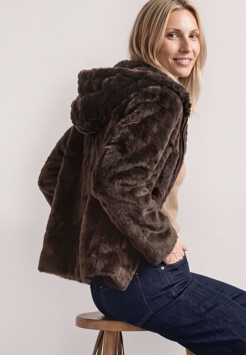 Kurze Fake-Fur-Mix Jacke mit Kapuze