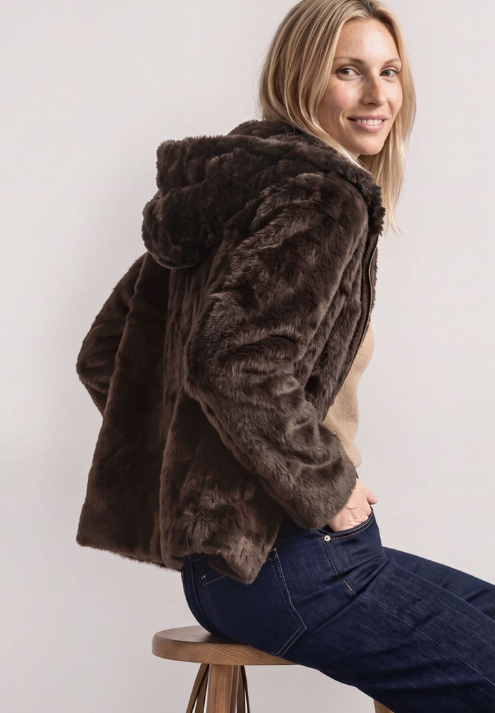 Kurze Fake-Fur-Mix Jacke mit Kapuze