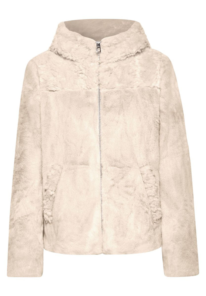 Kurze Fake-Fur-Mix Jacke mit Kapuze