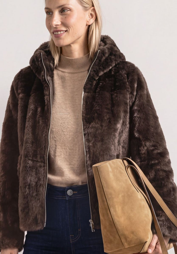Kurze Fake-Fur-Mix Jacke mit Kapuze