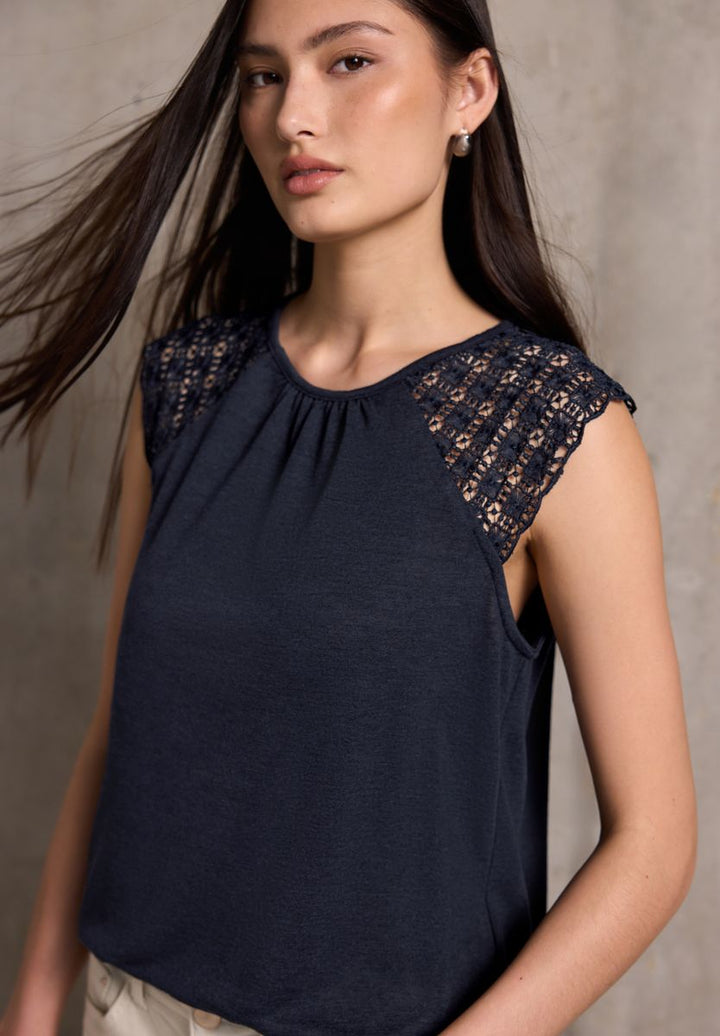 Leinen-Look Top mit Spitze