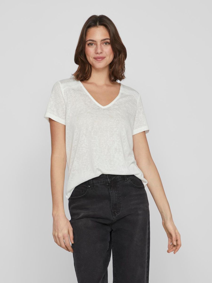 VIAMER V-NECK S/S LACE DETAIL TOP - NOOS